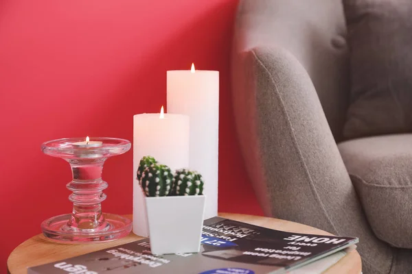 Burning Candles Magazine Cactus Table Room — Stock Photo, Image