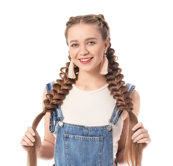 Beautiful Young Woman Braided Hair White Background — Stock Photo, Image