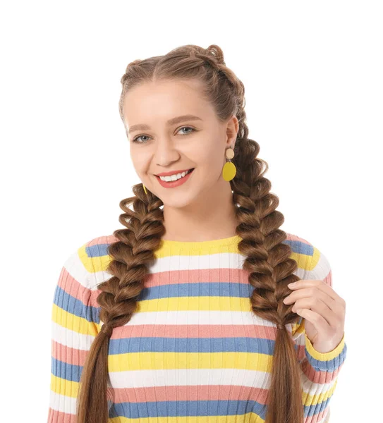 Beautiful Young Woman Braided Hair White Background — Stock Photo, Image