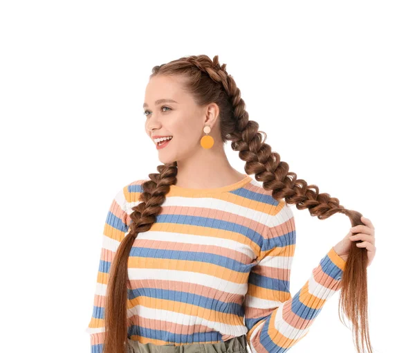 Beautiful Young Woman Braided Hair White Background — Stock Photo, Image