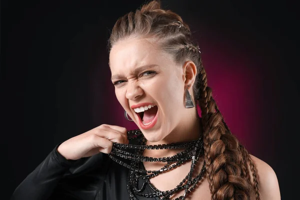 Aggressive Young Woman Braided Hair Dark Background — Stock Photo, Image