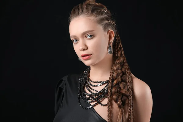 Beautiful Young Woman Braided Hair Dark Background — Stock Photo, Image