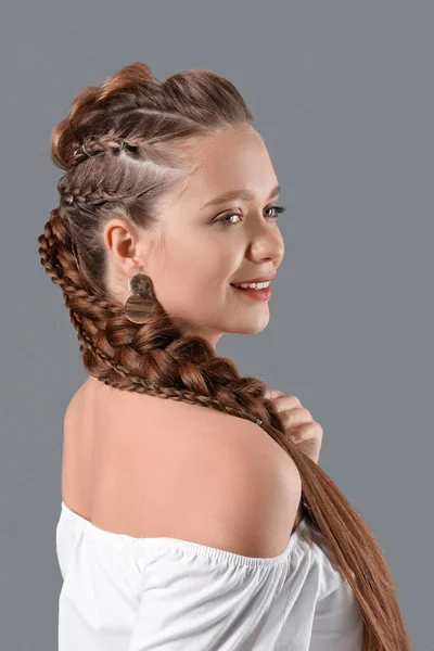 Beautiful Young Woman Braided Hair Grey Background — Stock Photo, Image