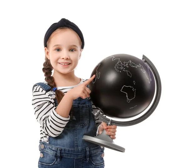 Cute Little Girl Globe White Background — Stock Photo, Image