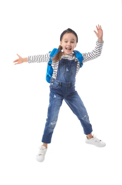 Jumping Little Schoolgirl White Background — Stock Photo, Image