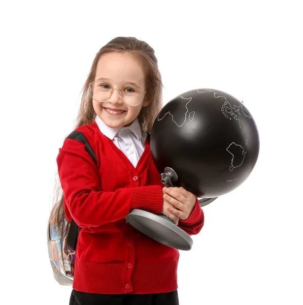 Schattig Klein Schoolmeisje Met Globe Witte Achtergrond — Stockfoto