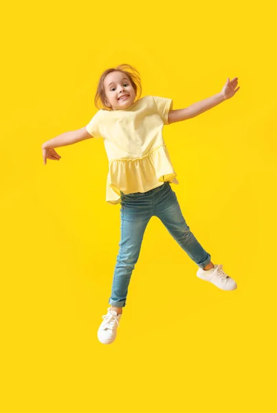 Jumping Little Girl Color Background — Stock Photo, Image