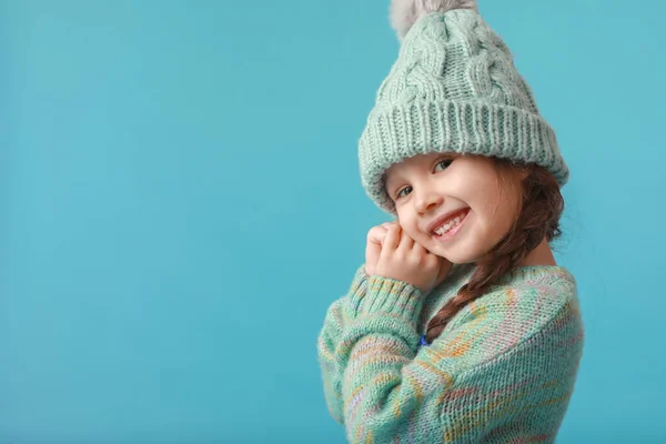 Stylish Little Girl Winter Clothes Color Background — Stock Photo, Image