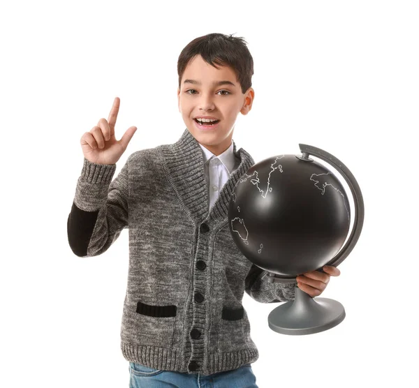 Cute Little Boy Globe Raised Index Finger White Background — Stock Photo, Image