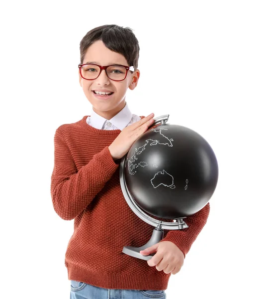 Cute Little Boy Globe White Background — Stock Photo, Image