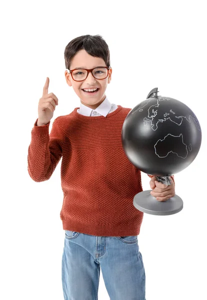 Cute Little Boy Globe Raised Index Finger White Background — Stock Photo, Image