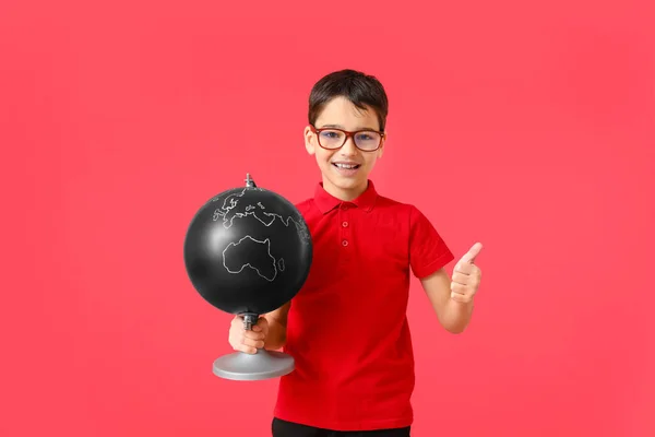 Cute Little Boy Globe Showing Thumb Color Background — Stock Photo, Image