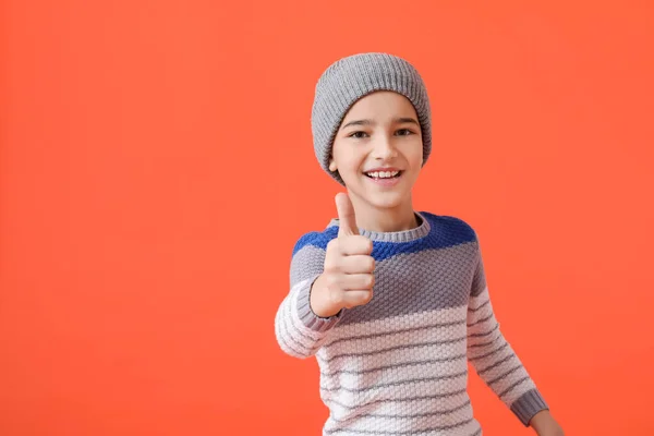 Stylish Little Boy Warm Clothes Showing Thumb Color Background — Stock Photo, Image