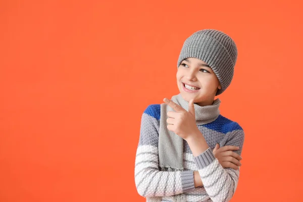 Stylish Little Boy Warm Clothes Pointing Something Color Background — Stock Photo, Image