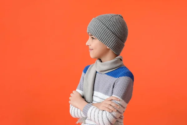 Stylish Little Boy Warm Clothes Color Background — Stock Photo, Image