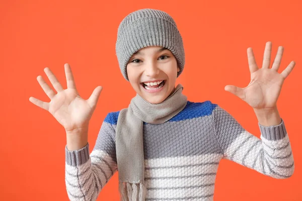 Stylish Little Boy Warm Clothes Color Background — Stock Photo, Image