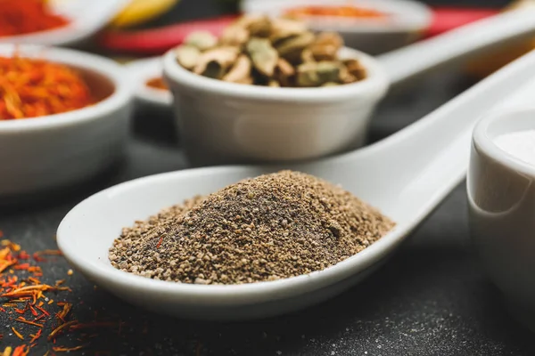 Different Spices Dark Background Closeup — Stock Photo, Image