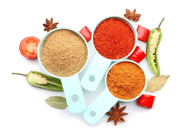 Bowls Different Spices Vegetables White Background — Stock Photo, Image