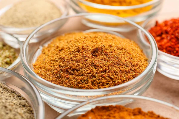 Bowls Different Spices Table Closeup — Stock Photo, Image