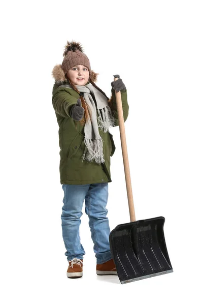 Little Girl Shovel Removing Snow White Background — Stock Photo, Image