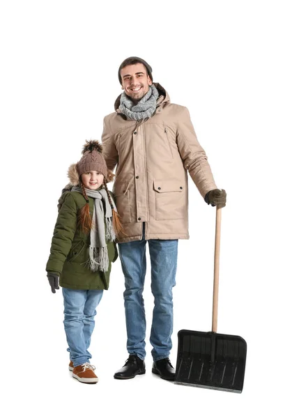 Little Girl Her Father Shovel Removing Snow White Background — Stock Photo, Image