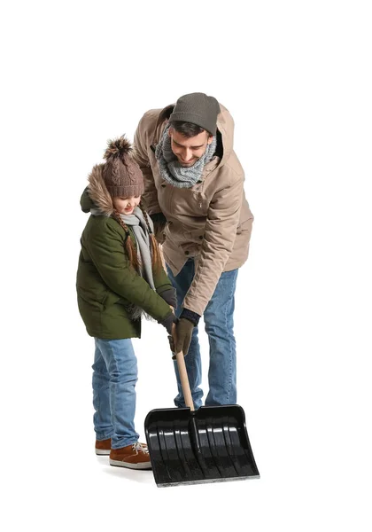 Little Girl Her Father Shovel Removing Snow White Background — Stock Photo, Image