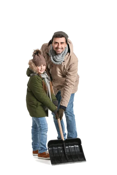 Little Girl Her Father Shovel Removing Snow White Background — Stock Photo, Image