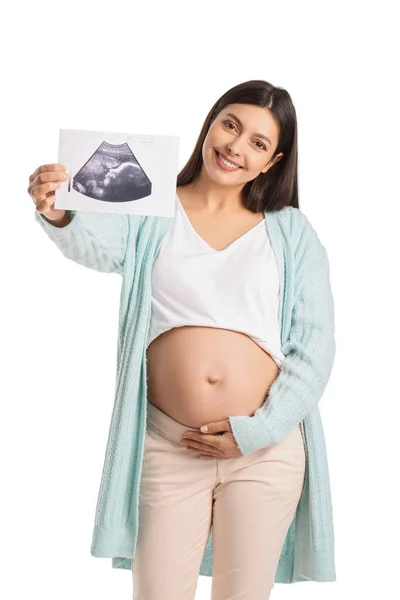 Jonge Zwangere Vrouw Met Echo Afbeelding Witte Achtergrond — Stockfoto