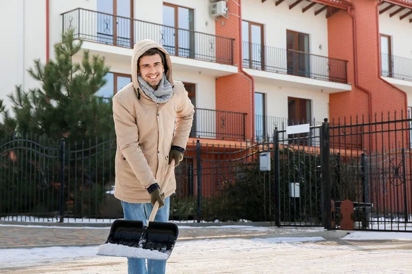 Man Removing Snow Outdoors Winter Day — Stock Photo, Image