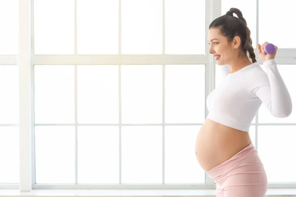 Young Pregnant Woman Doing Exercises Home — Stock Photo, Image
