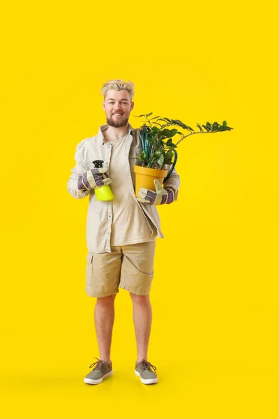 Young Male Gardener Color Background — Stock Photo, Image