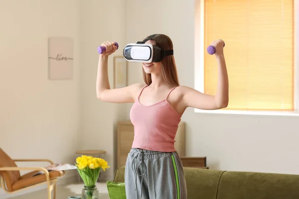 Sporty Young Woman Virtual Reality Glasses Training Home — Stock Photo, Image