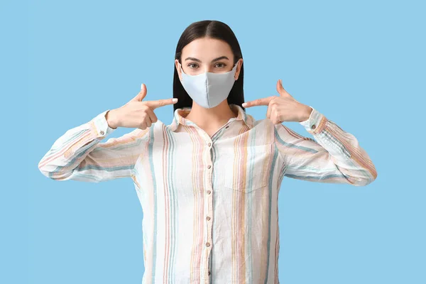 Stylish Young Woman Wearing Mask Color Background — Stock Photo, Image