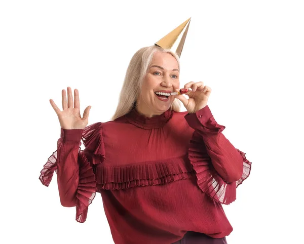 Mature Woman Party Hat Noisemaker White Background — Stock Photo, Image