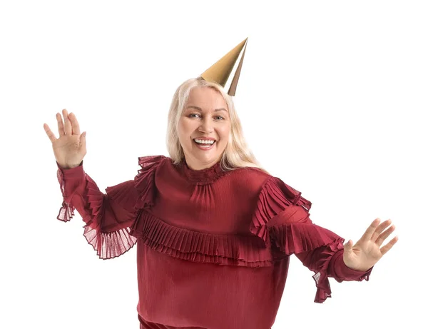 Mature Woman Party Hat White Background — Stock Photo, Image