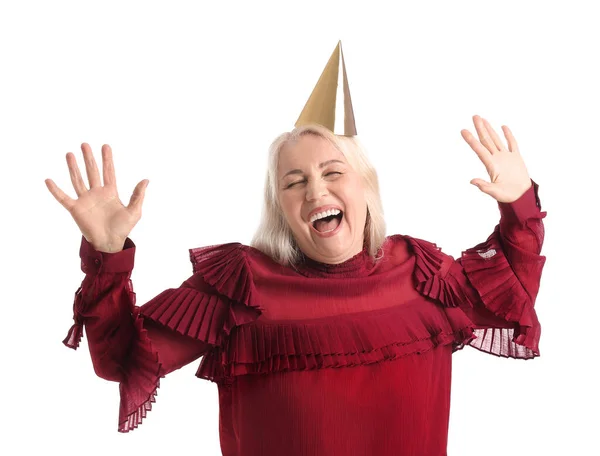 Happy Mature Woman Party Hat White Background — Stock Photo, Image