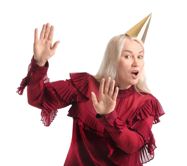 Mature Woman Party Hat White Background — Stock Photo, Image