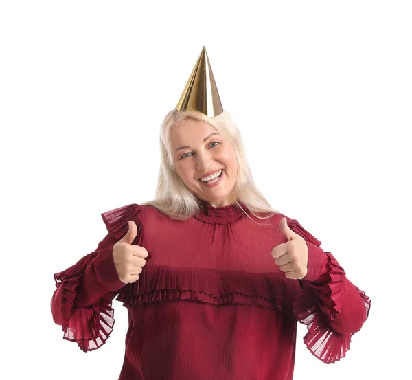 Happy Mature Woman Party Hat Showing Thumb White Background — Stock Photo, Image