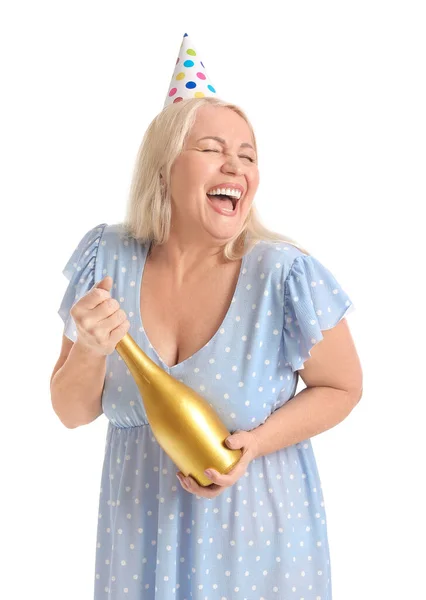 Gelukkig Volwassen Vrouw Party Hoed Met Champagne Witte Achtergrond — Stockfoto