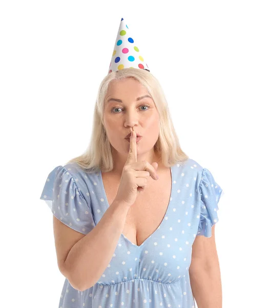 Mature Woman Party Hat Showing Silence Gesture White Background — Stock Photo, Image