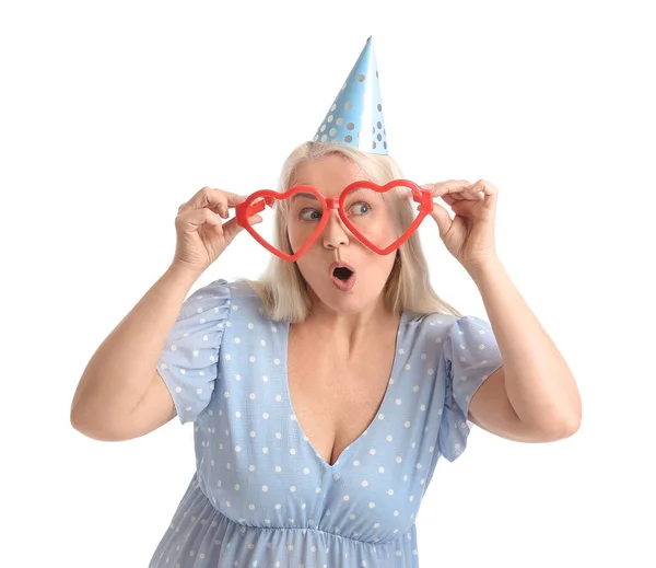 Happy Mature Woman Party Hat Heart Shaped Glasses White Background — Stock Photo, Image