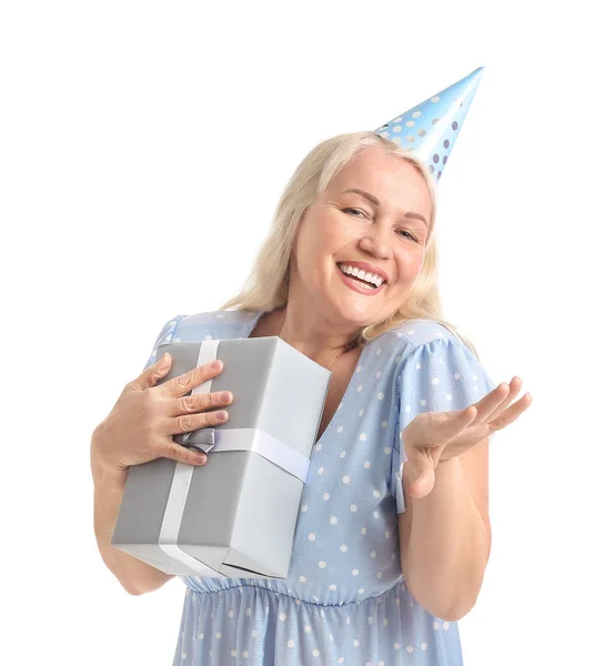 Mujer Madura Feliz Sombrero Fiesta Con Regalo Sobre Fondo Blanco —  Fotos de Stock