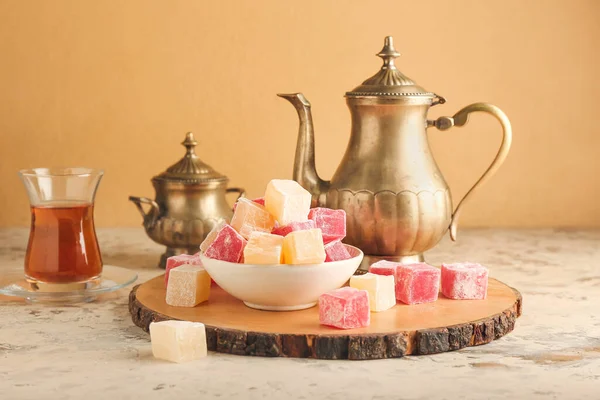 Bowl Turkish Delight Teapot Table — Stock Photo, Image