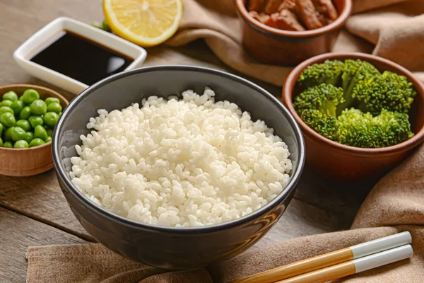 Bowl Tasty Rice Wooden Background Closeup — Stock Photo, Image