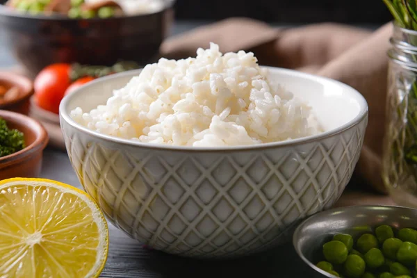 Bowl Tasty Rice Dark Background Closeup — Stock Photo, Image
