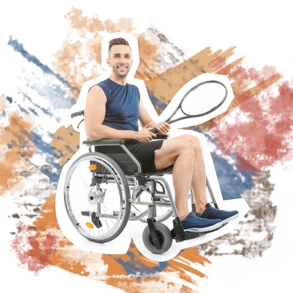 Sporty Young Man Tennis Racket Sitting Wheelchair — Stock Photo, Image