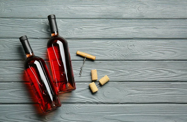 Bottles Wine Color Wooden Background — Stock Photo, Image