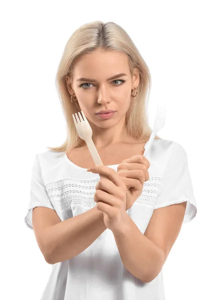 Beautiful Young Woman Different Forks White Background — Stock Photo, Image