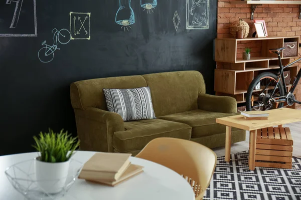 Comfortable Sofa Table Bicycle Room — Stock Photo, Image