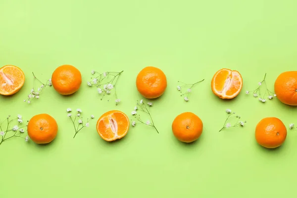 Composition Sweet Tangerines Flowers Color Background — Stock Photo, Image